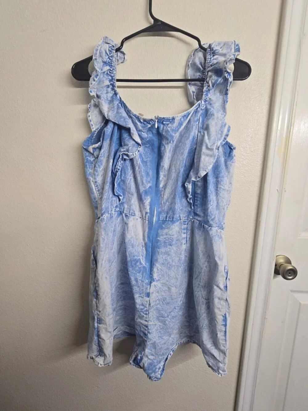 Light Blue Ruffled Strap Romper Acid Wash Sleeveless Shorts Romper